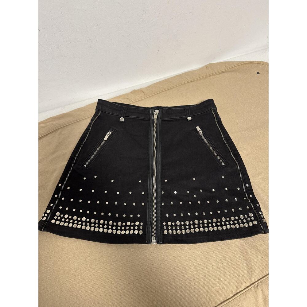 The Kooples Jeans Skirt Womens Small Black Studded Denim Mini Zip Pockets YKK